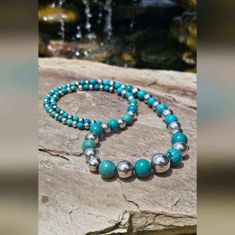 VTG Estate Sterling Silver Navajo Pearl & Kingman Blue Turquoise Bead Necklace